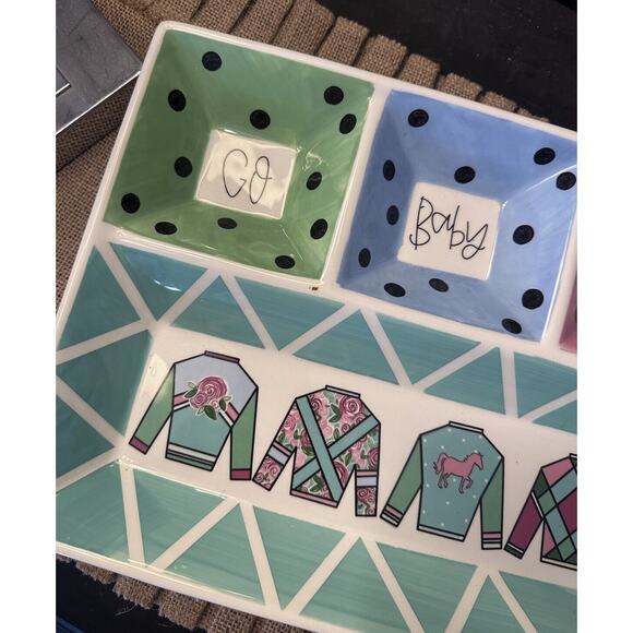 Magnolia Lane "Go Baby Go" Pink Green Preppy Sweater Platter Trinket Tray - Picture 2 of 4